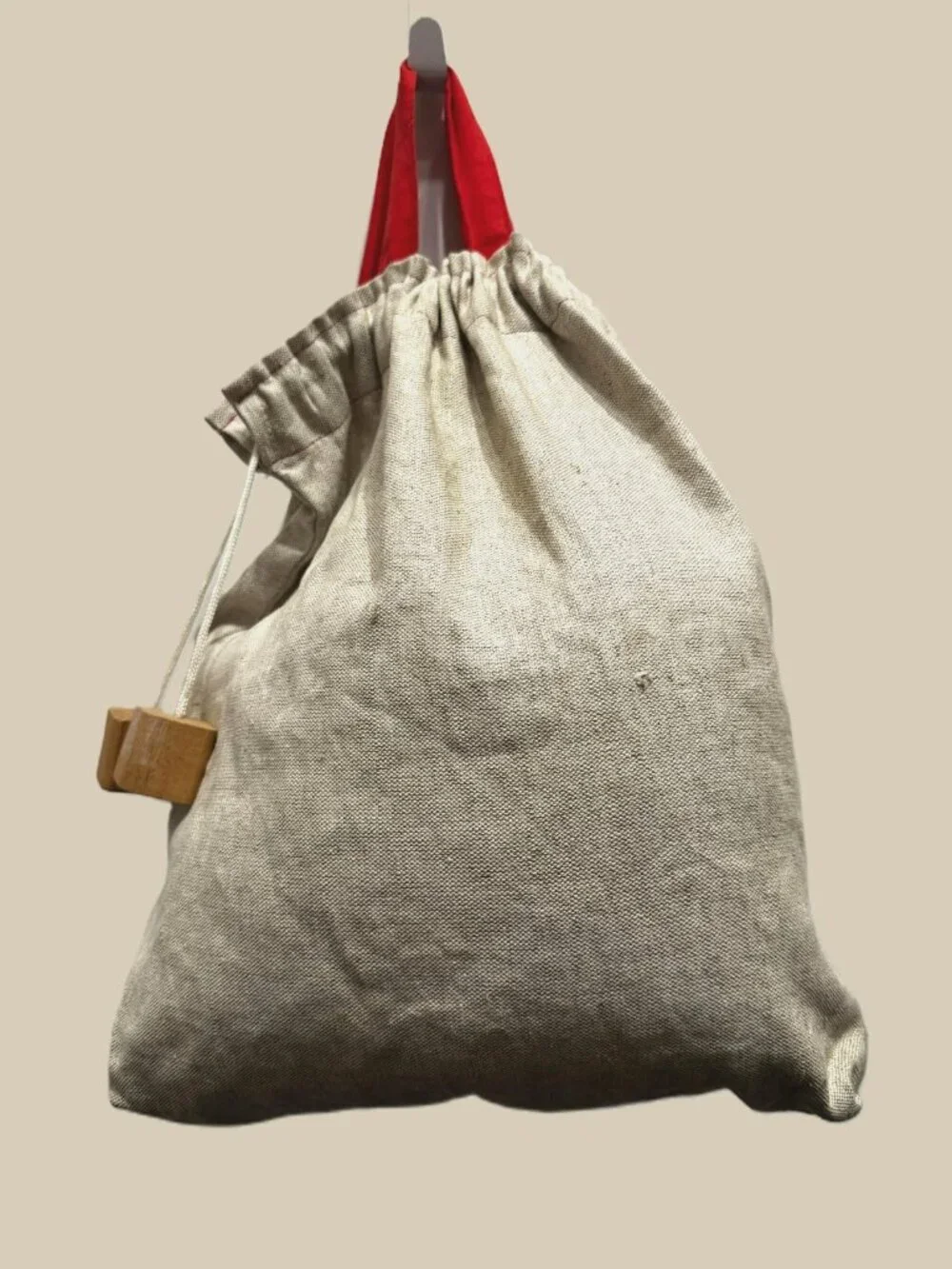 Double Handle Pouch Bag with Wood Block Aglet Drawcord, Natural Canvas